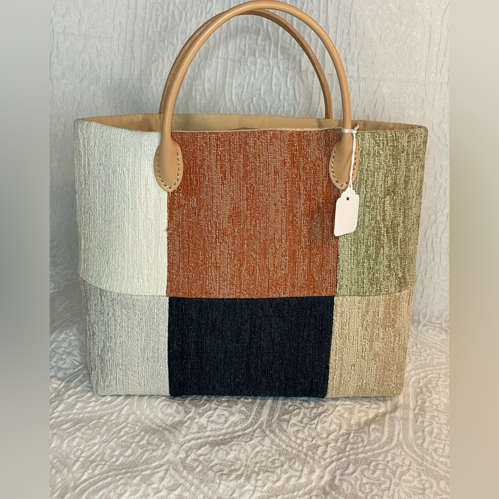 Handmade Small Fabric Tote with Leather Handles